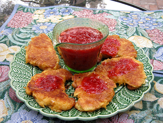 Banana stuffed french toast with strawberry puree